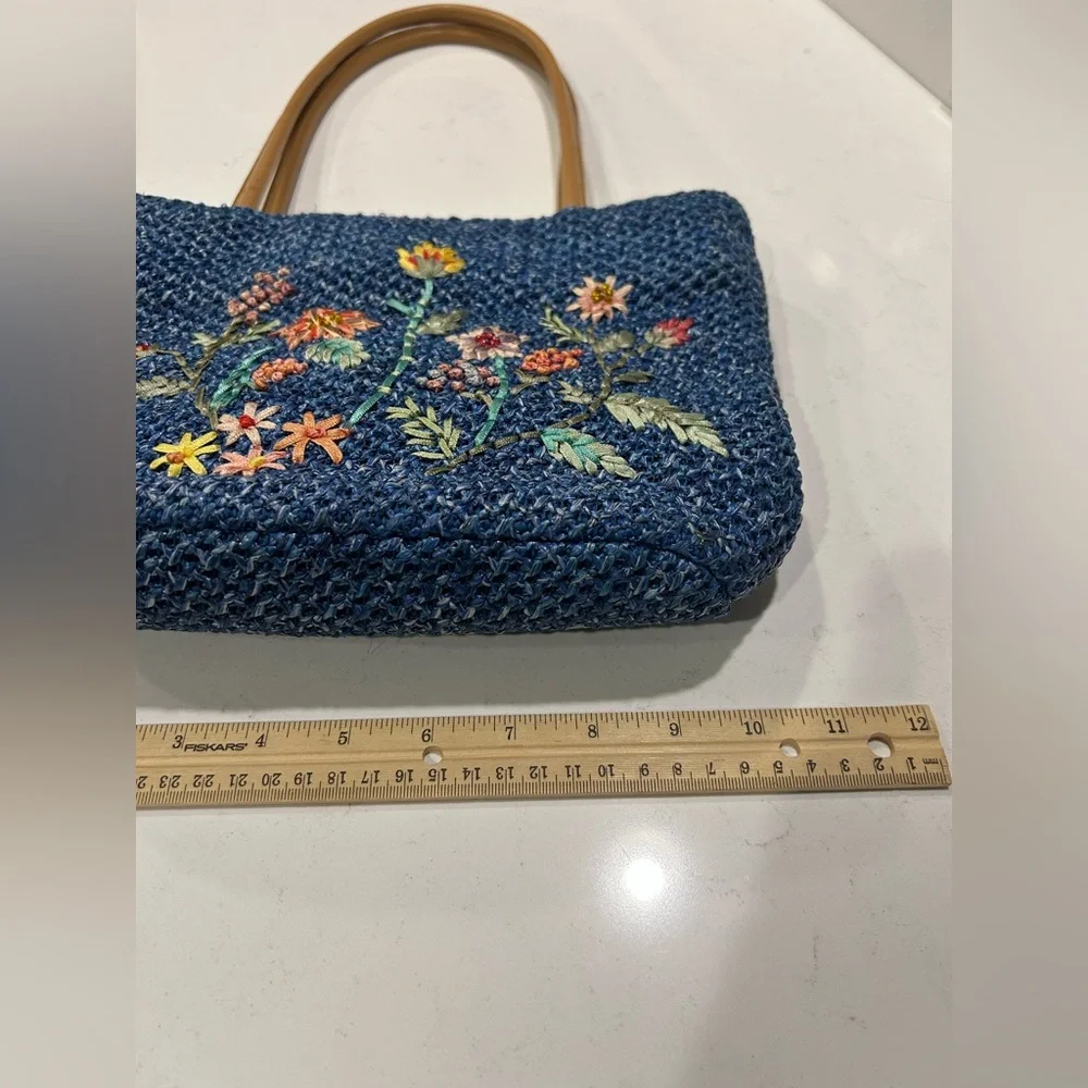Blue Woven Straw Tote Floral Embroidered‎ Shoulder Bag Boho Cottagecore